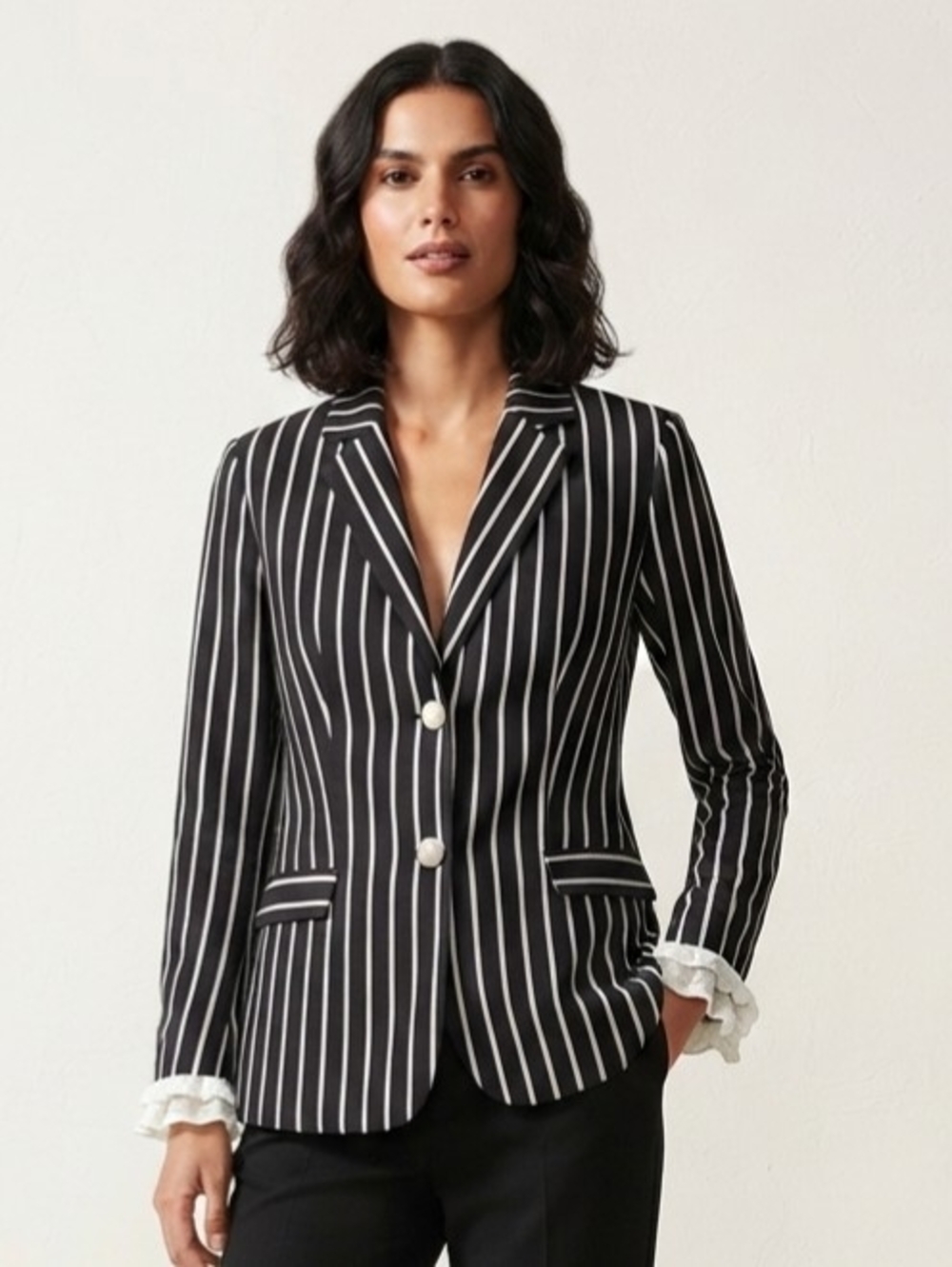 Faith and Joy Black Blazer with White Pinstripes And Ruffled Cuffs Size Large